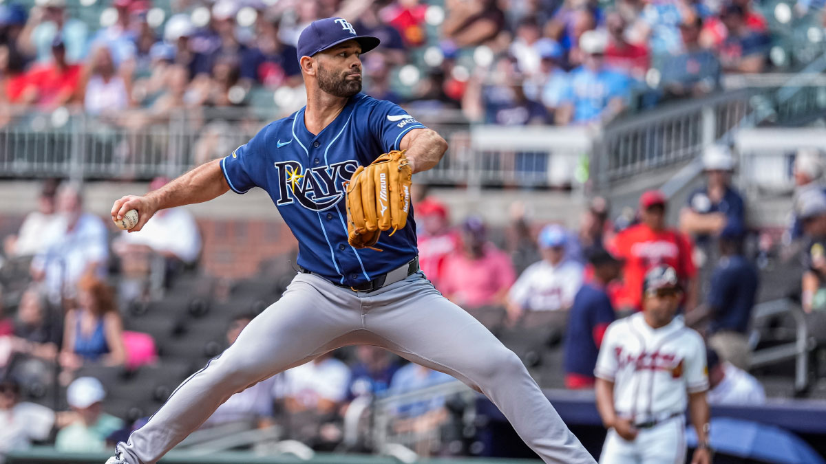 Tampa Bay Rays pitcher Nick Martinez (28) pitches against the Atlanta Braves during the second inning at Truist Park.