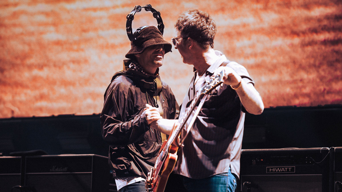 A still of Liam and Noel Gallagher in Oasis: Don't Look Back in Anger.