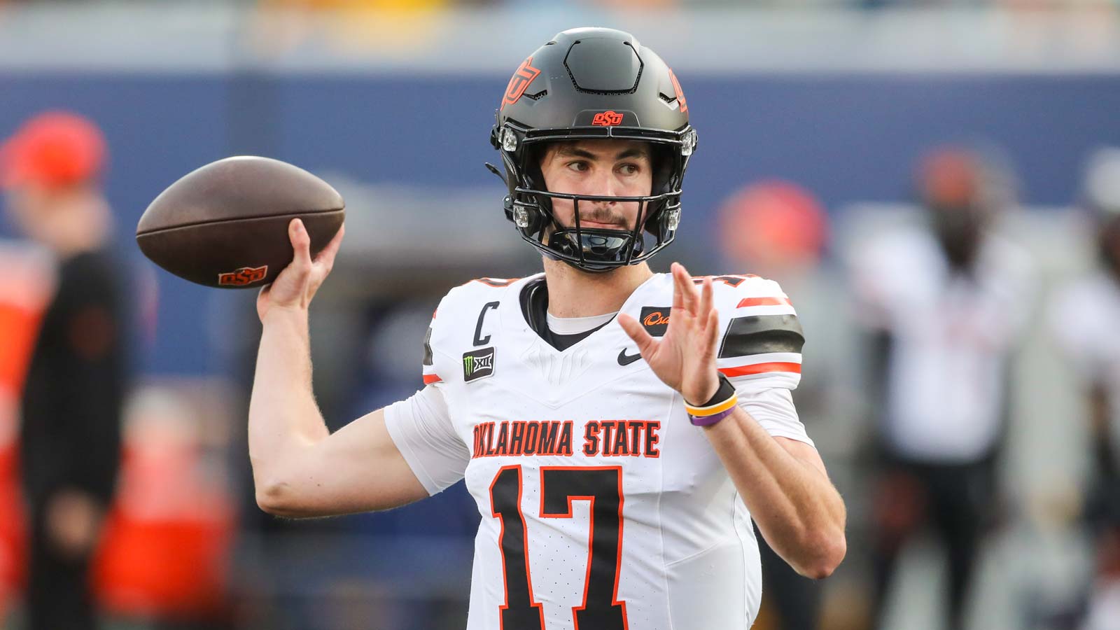 Oklahoma State Cowboys quarterback Drew Mestemaker (17) warms up prior to their game West Virginia Mountaineers at Milan Puskar Stadium.