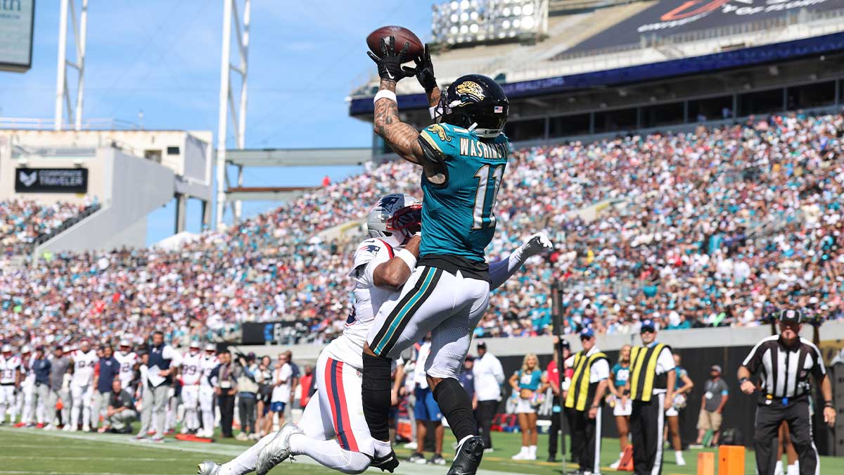 Sep 27, 2026; Jacksonville, Florida, USA; Jacksonville Jaguars wide receiver Parker Washington (11) catches a pass for a touchdown that was called back during the third quarter against the New England Patriots at EverBank Stadium.