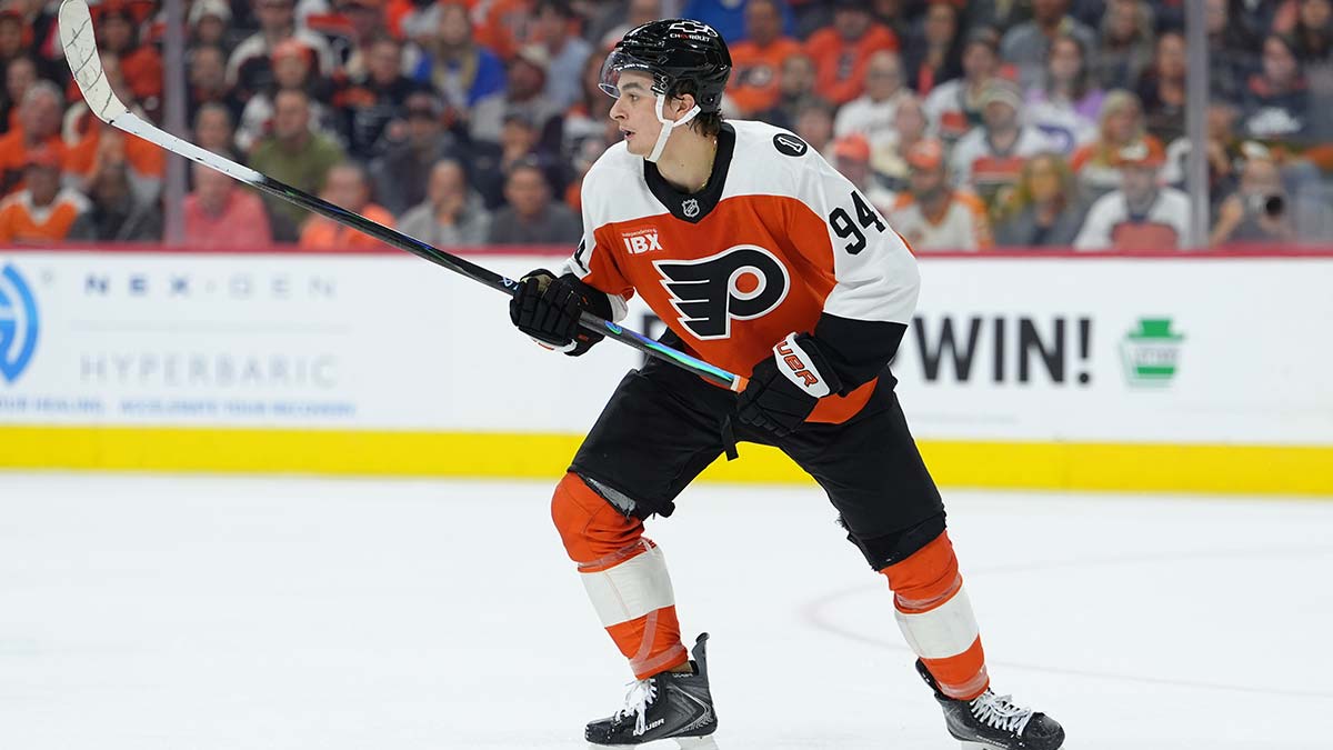 Philadelphia Flyers right wing Porter Martone (94) in action against the Pittsburgh Penguins in the third period in game six of the first round of the 2026 Stanley Cup Playoffs at Xfinity Mobile Arena. 