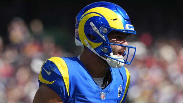 Los Angeles Rams wide receiver Puka Nacua (12) reacts after making a catch against the San Francisco 49ers in the first half at Melbourne Cricket Ground.