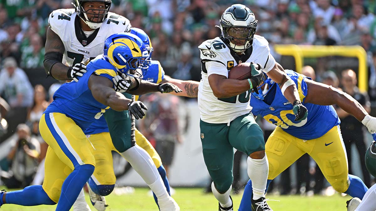 Philadelphia Eagles running back Saquon Barkley (26) runs with the ball against the Los Angeles Rams at Lincoln Financial Field.