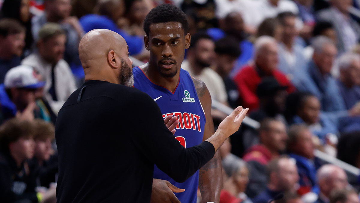 Detroit Pistons head coach J.B. Bickerstaff talks to center Jalen Duren (0) in the second half against the Cleveland Cavaliers during game five of the second round of the 2026 NBA Playoffs at Little Caesars Arena.