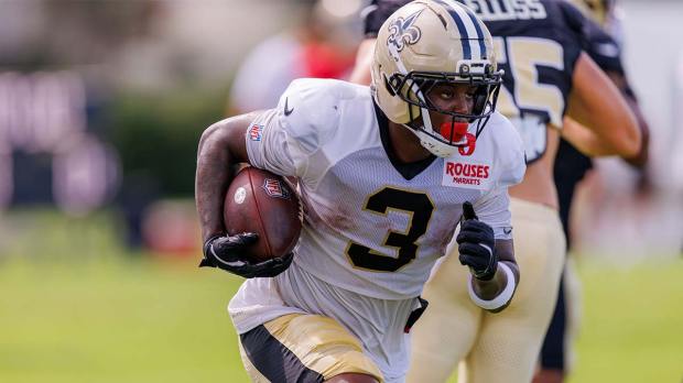 New Orleans Saints running back Travis Etienne Jr. (3) during training camp at Ochsner Sports Performance Center
