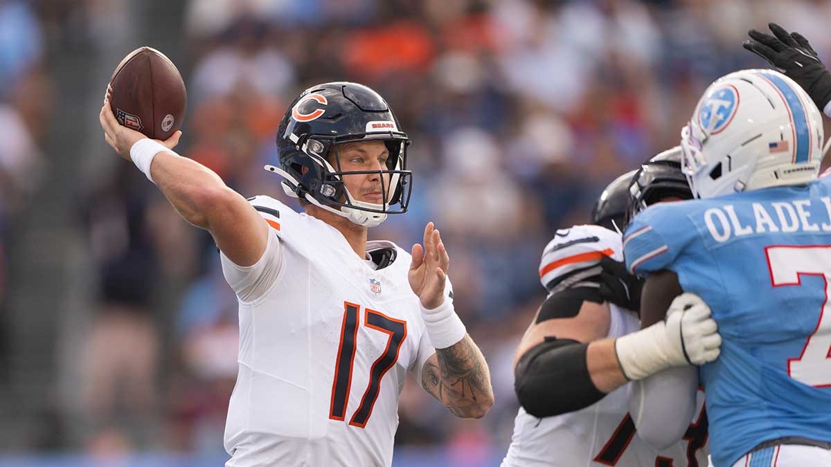 Tennessee, USA; Chicago Bears quarterback Tyson Bagent (17) throws a pass against the Tennessee Titans during the first half at Nissan Stadium.