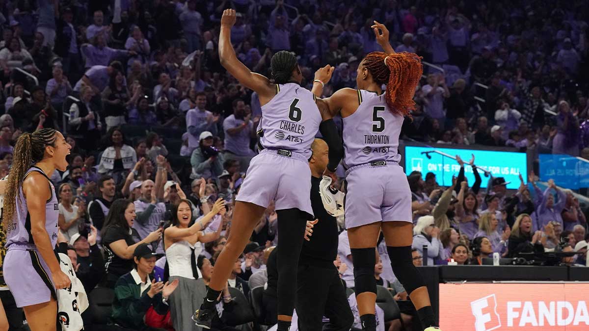 Sep 27, 2026; San Francisco, California, USA; Golden State Valkyries guard-forward Kaila Charles (6) and Golden State Valkyries forward Kayla Thornton (5) celebrate after a break against the Dallas Wings in the second quarter during game one of the first round for the 2026 WNBA Playoffs at Chase Center. Mandatory Credit: David Gonzales-Imagn Images
