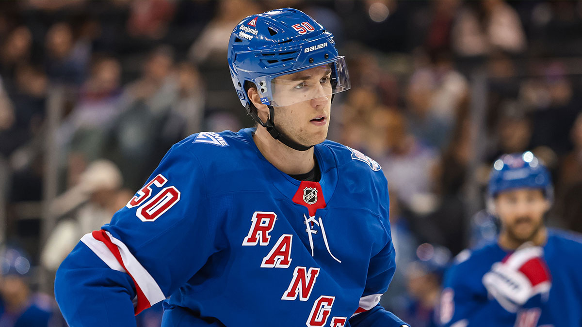 New York Rangers left wing Will Cuylle (50) skates against the Detroit Red Wings during the second period at Madison Square Garden.