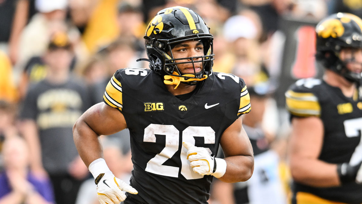 Iowa Hawkeyes running back Xavier Williams (26) comes off the field after scoring a touchdown against the UNI Panthers during the second quarter at Kinnick Stadium. 