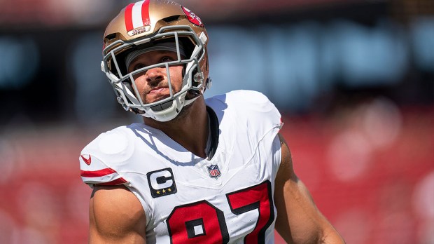 San Francisco 49ers defensive end Nick Bosa (97) on the field during warm ups prior to a game against the Arizona Cardinals during the first half at Levi's Stadium.