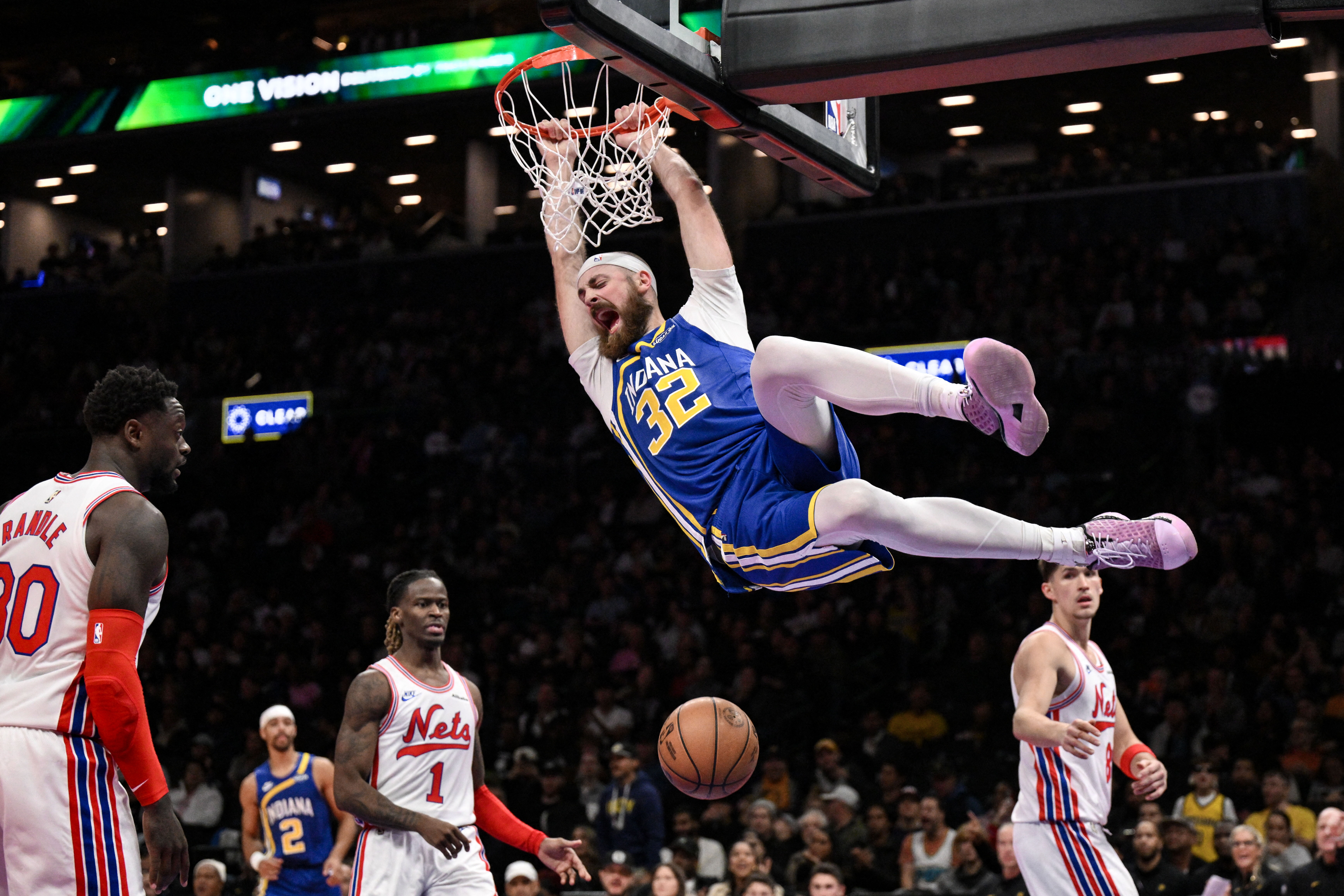 Indiana Pacers center Jay Huff (32) dunks the ball against the Brooklyn Nets during the second half at Barclays Center.