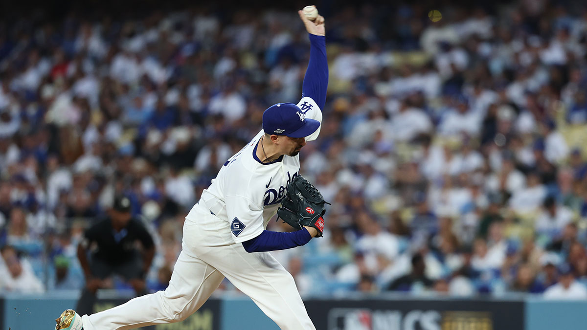 Los Angeles Dodgers pitcher Blake Snell (7) pitches against the Milwaukee Brewers during the fifth inning in game three of the NLCS for the 2026 MLB Playoffs at Uniqlo Field at Dodger Stadium.