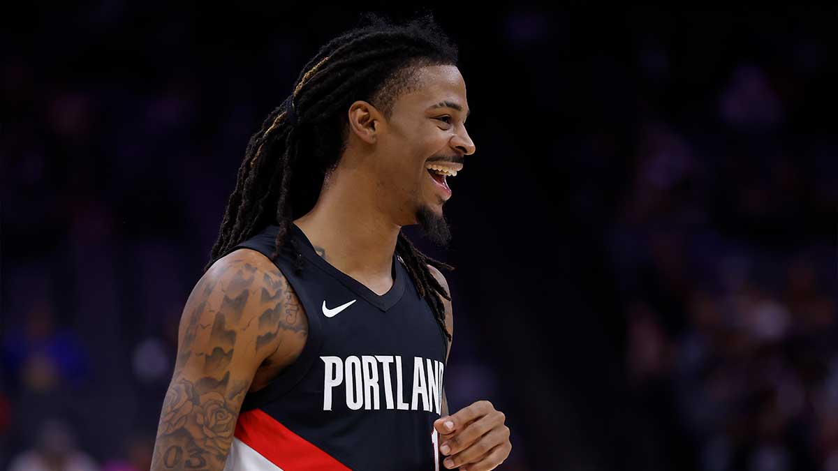 Portland Trail Blazers guard Ja Morant (1) smiles after a play against the Sacramento Kings during the second quarter at Golden 1 Center.
