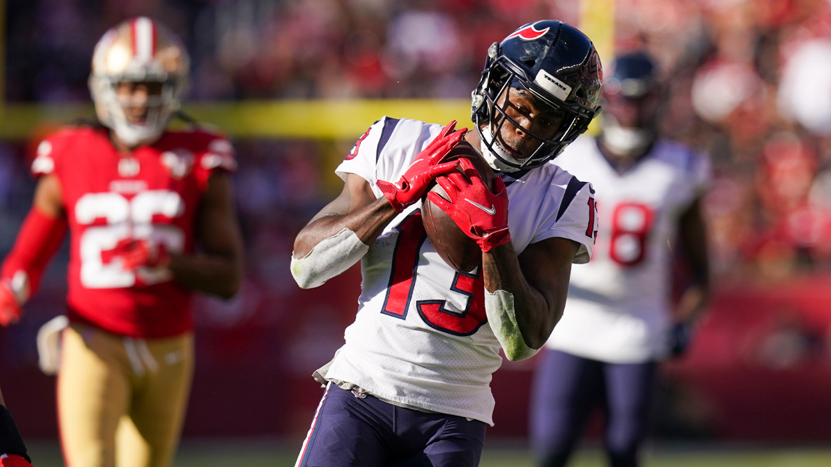 Houston Texans wide receiver Brandin Cooks (13) catches a pass for a first down against the San Francisco 49ers in the second quarter at Levi's Stadium.