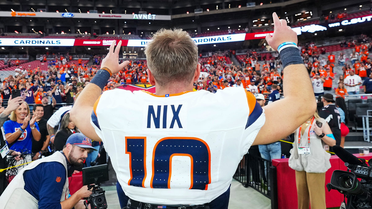 Denver Broncos quarterback Bo Nix (10) reacts after the game against the Arizona Cardinals at State Farm Stadium.