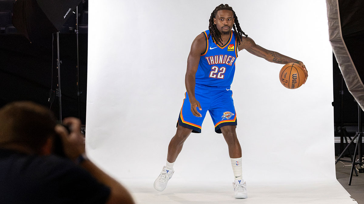 Oklahoma City Thunder guard Cason Wallace (22) poses for a photo during Oklahoma City Thunder Media Day at Paycom Center.