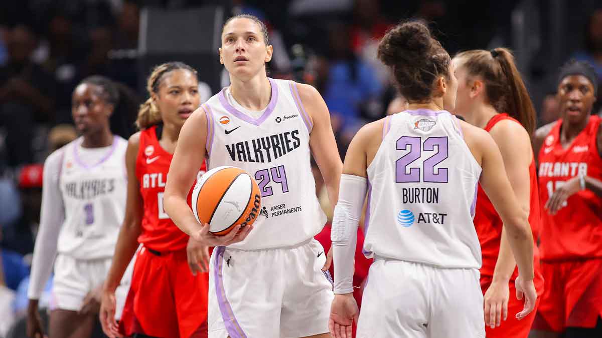 Golden State Valkyries forward Cecilia Zandalasini (24) reacts after a play against the Atlanta Dream in the second quarter during game six of the 2026 WNBA Finals at State Farm Arena.