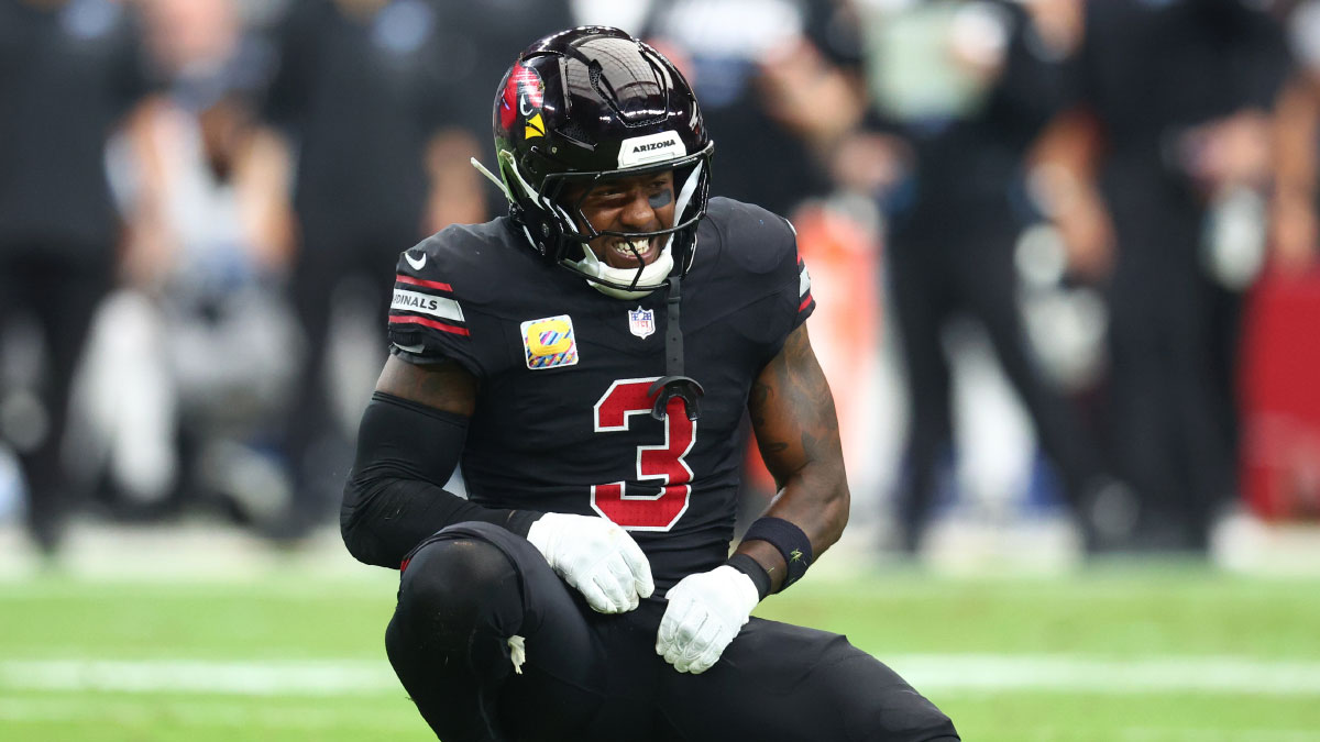 Arizona Cardinals safety Budda Baker (3) reacts after a play =D+ during the second quarter at State Farm Stadium.