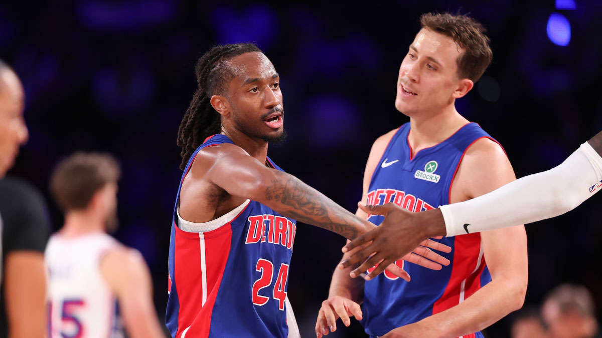Detroit Pistons guard Daniss Jenkins (24) reacts after a score against the Philadelphia 76ers during the fourth quarter at Xfinity Mobile Arena.