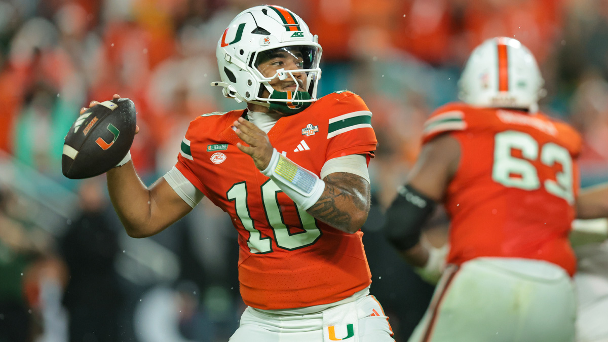Miami Hurricanes quarterback Darian Mensah (10) throws during the first half against the Florida State Seminoles at Hard Rock Stadium.