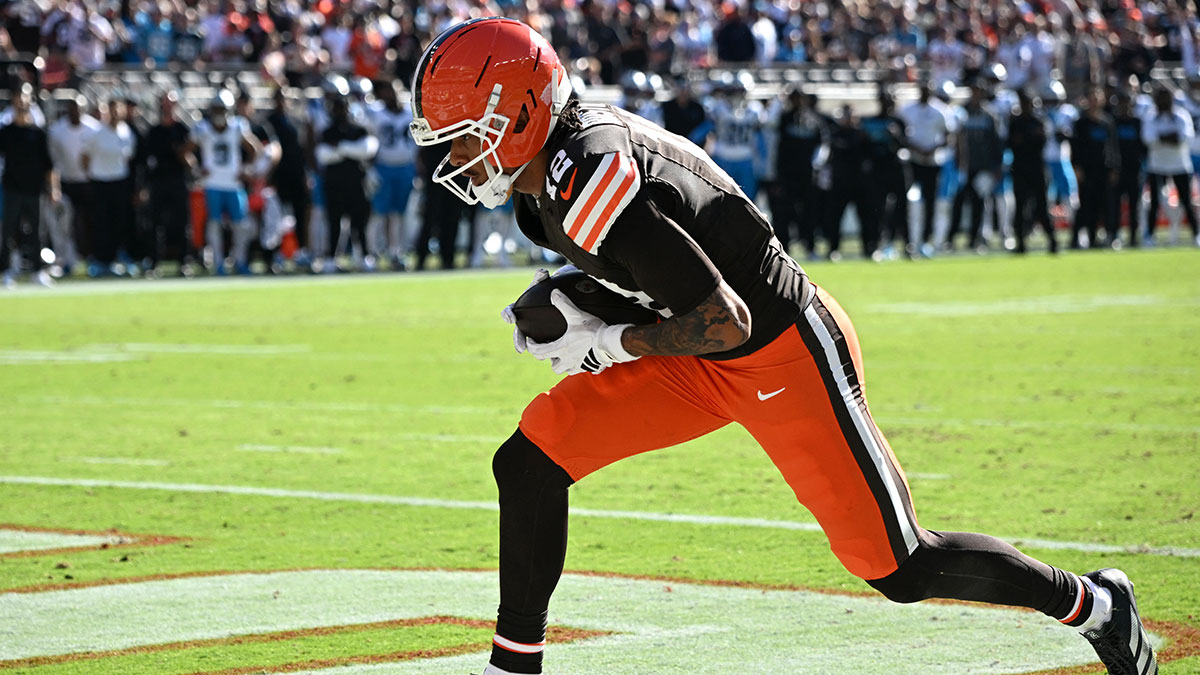 Cleveland Browns wide receiver Denzel Boston (12) scores a two point conversion against the Carolina Panthers during the fourth quarter at Huntington Bank Field.