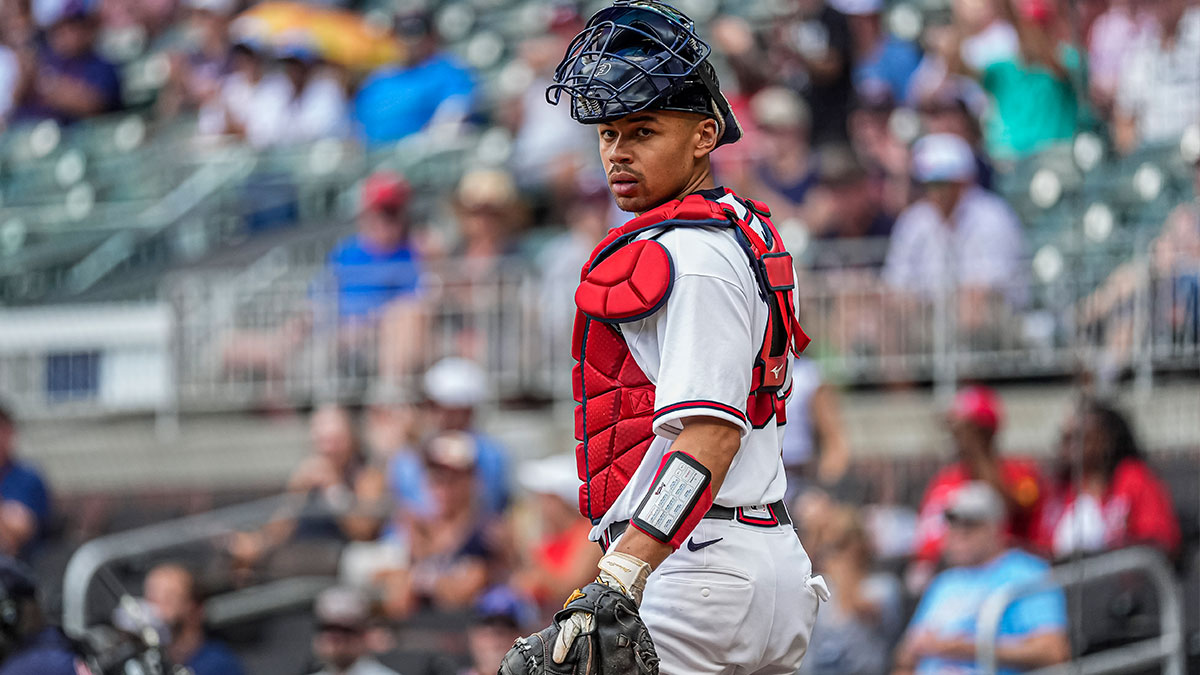 Atlanta Braves catcher Drake Baldwin (30) shown on the field against the Tampa Bay Rays during the first inning at Truist Park.