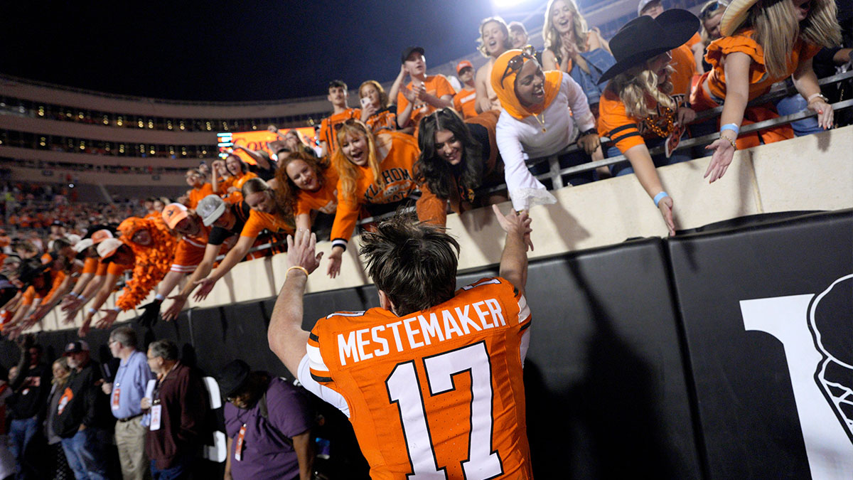 Oklahoma State Cowboys quarterback Drew Mestemaker (17) celebrates with fans after a college football game between the Oklahoma State Cowboys (OSU) and the Colorado Buffaloes at Boone Pickens Stadium in Stillwater, Okla., Saturday, Oct. 24, 2026. Oklahoma State won 57-24.
