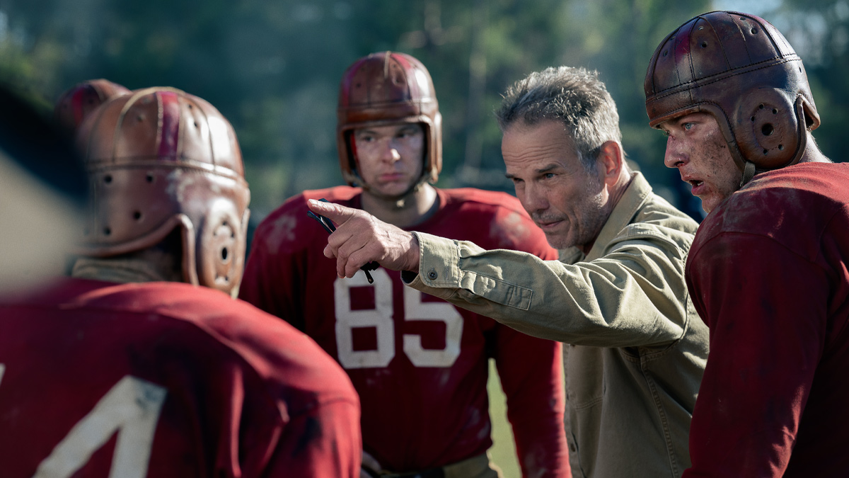 Peter Berg directing football scene in new movie The Mosquito Bowl.