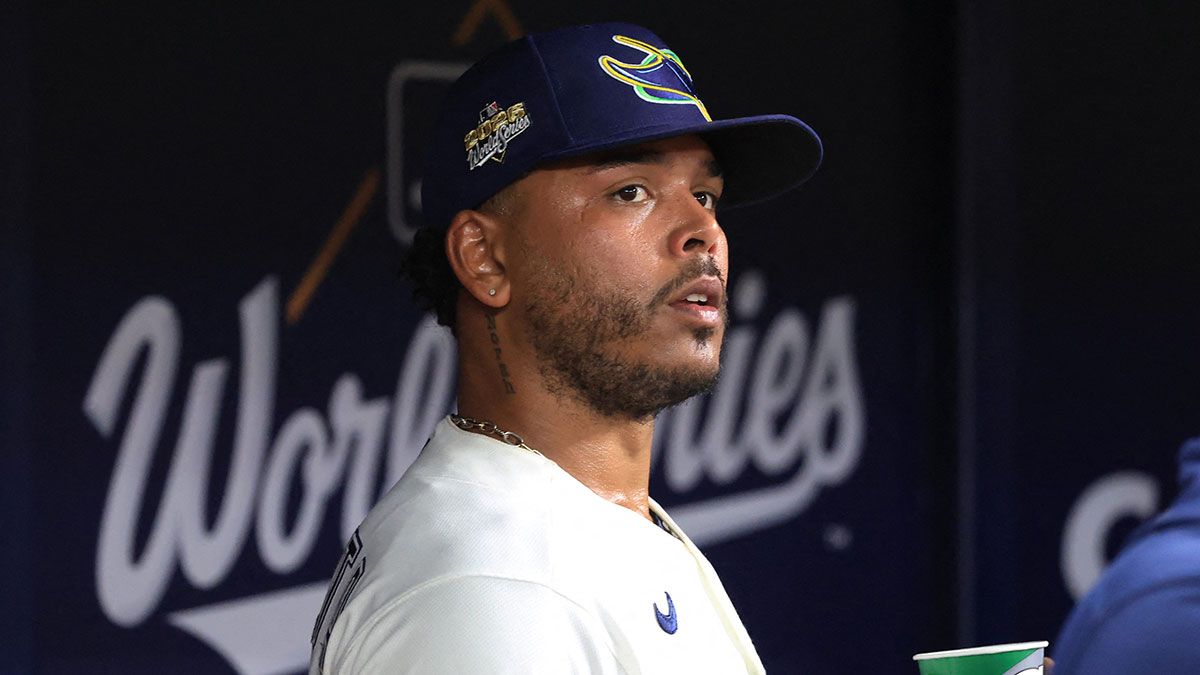 Tampa Bay Rays pitcher Freddy Peralta (51) looks on from the dugout after a pitching change against the Milwaukee Brewers during the fifth inning in game three of the 2026 World Series at Tropicana Field.
