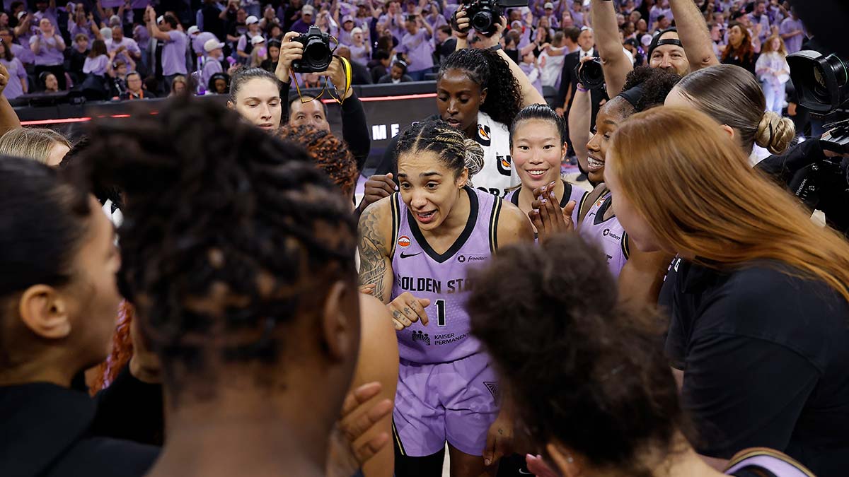 Golden State Valkyries forward Gabby Williams (1) in the center of a huddle after winning game one of the 2026 WNBA Finals against the Atlanta Dream at Chase Center.