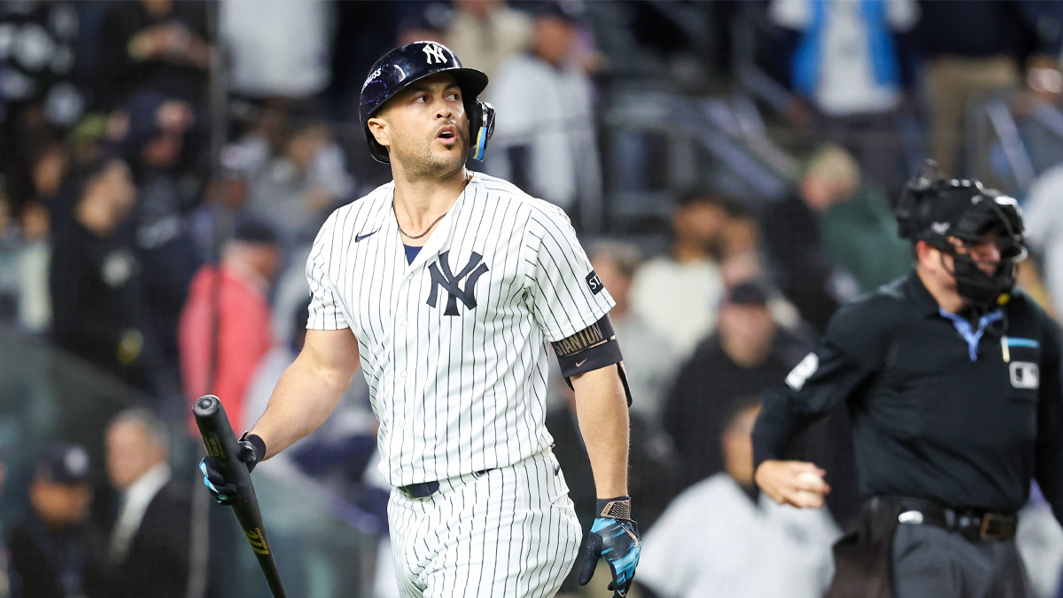 New York Yankees designated hitter Giancarlo Stanton (27) reacts after striking out during the eighth inning against the Tampa Bay Rays in game three of the ALDS for the 2026 MLB Playoffs at Yankee Stadium.