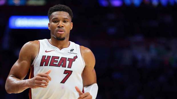 Miami Heat forward Giannis Antetokounmpo (7) looks on against the New Orleans Pelicans during the second quarter at Kaseya Center.