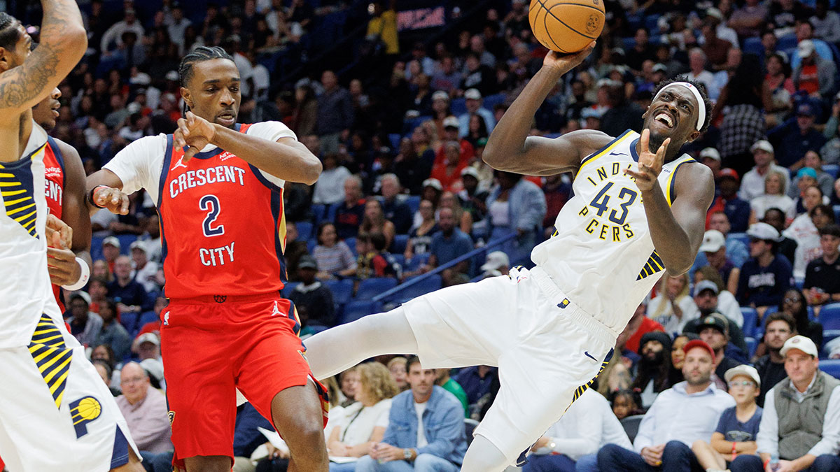 Indiana Pacers forward Pascal Siakam (43) is fouled by New Orleans Pelicans forward Herbert Jones (2) during the first half at Smoothie King Center.