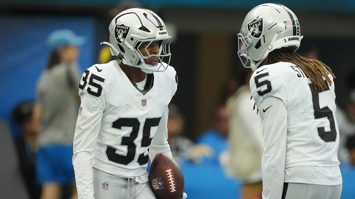 Las Vegas Raiders cornerback Hezekiah Masses (35) and Las Vegas Raiders cornerback Eric Stokes (5) react after a play against the Los Angeles Chargers during the second half at SoFi Stadium.