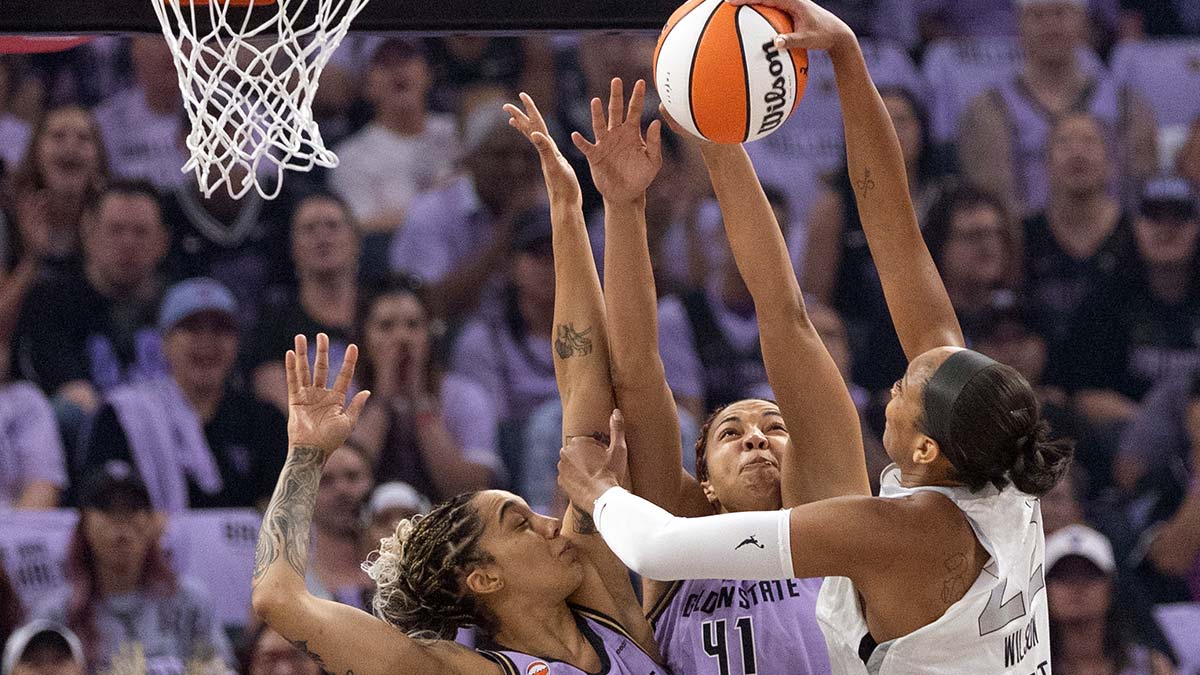 Oct 4, 2026; San Francisco, California, USA; Golden State Valkyries forward Gabby Williams (1) and Golden State Valkyries center Kiah Stokes (41) combine to block a shot by Las Vegas Aces center A'ja Wilson (22) during the first quarter of game one of the second round for the 2026 WNBA Playoffs at Chase Center. Mandatory Credit: D. Ross Cameron-Imagn Images