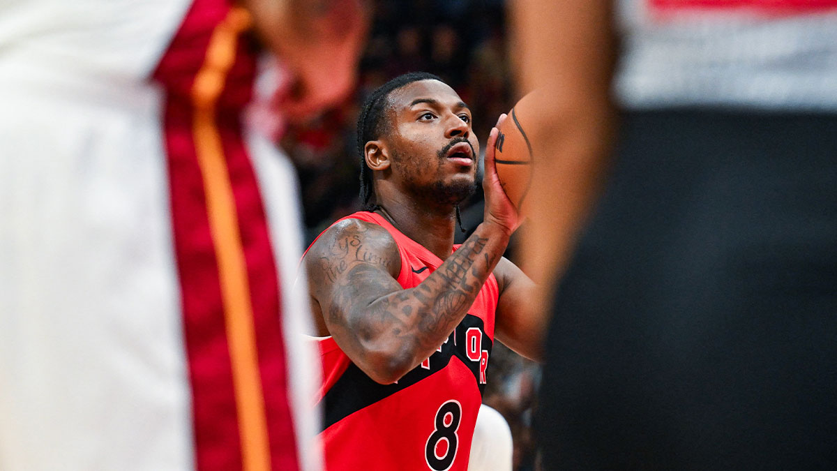 Toronto Raptors guard Jaden Bradley (8) gets ready for a free throw against the Miami Heat during the third quarter at Videotron Centre.