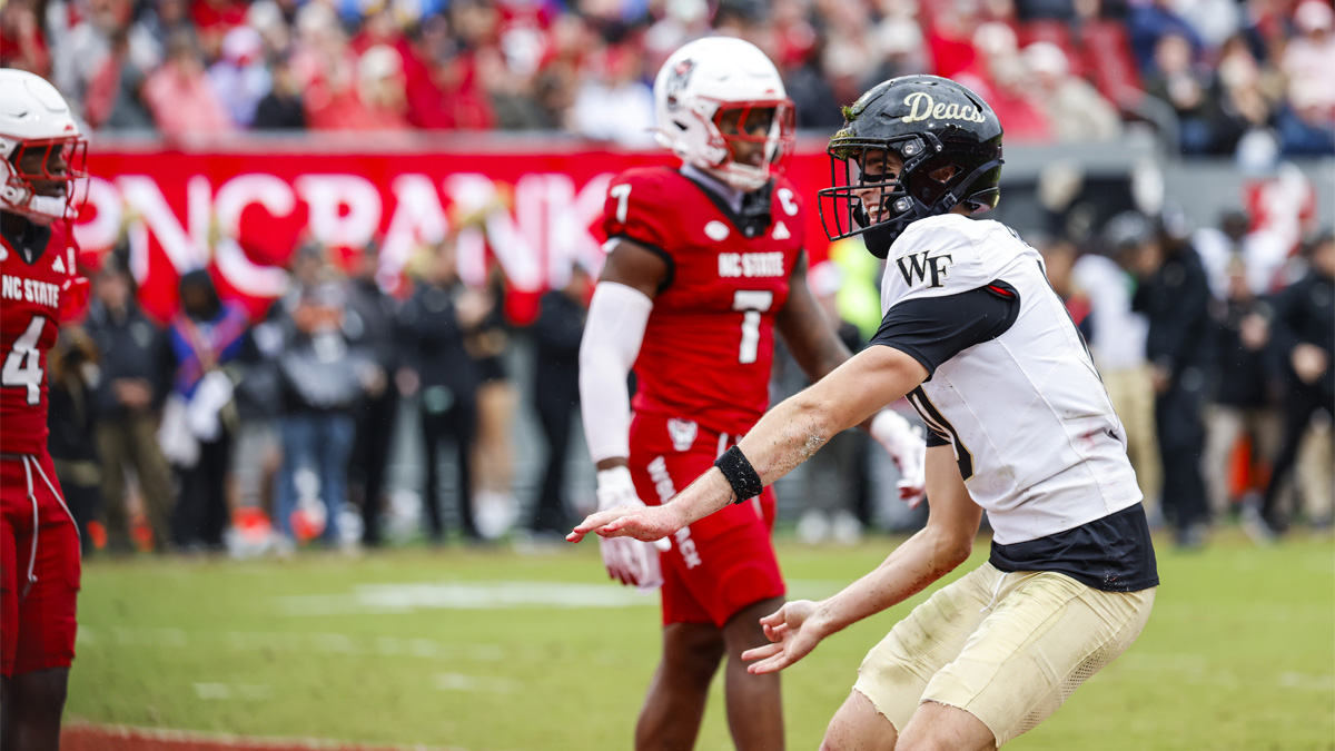 Wake Forest Demon Deacons wide receiver Jack Foley (10) celebrates a touchdown during the second half of the game against NC State Wolfpack at Carter-Finley Stadium.