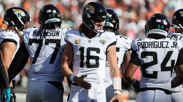 Jacksonville Jaguars quarterback Trevor Lawrence (16) reacts after defeating the Cincinnati Bengals at Paycor Stadium.