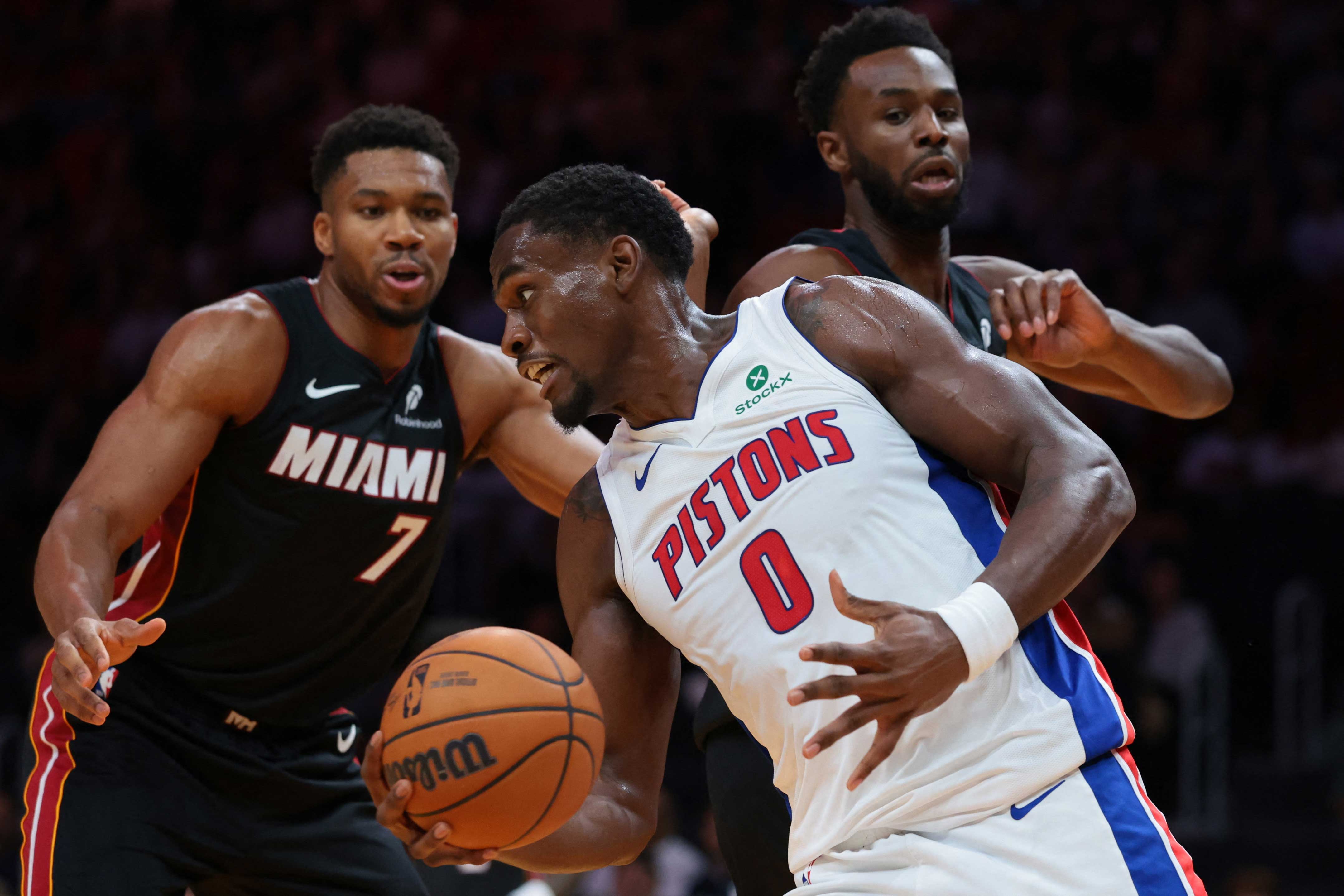 Detroit Pistons center Jalen Duren (0) collects a rebound against the Miami Heat during the first quarter at Kaseya Center.