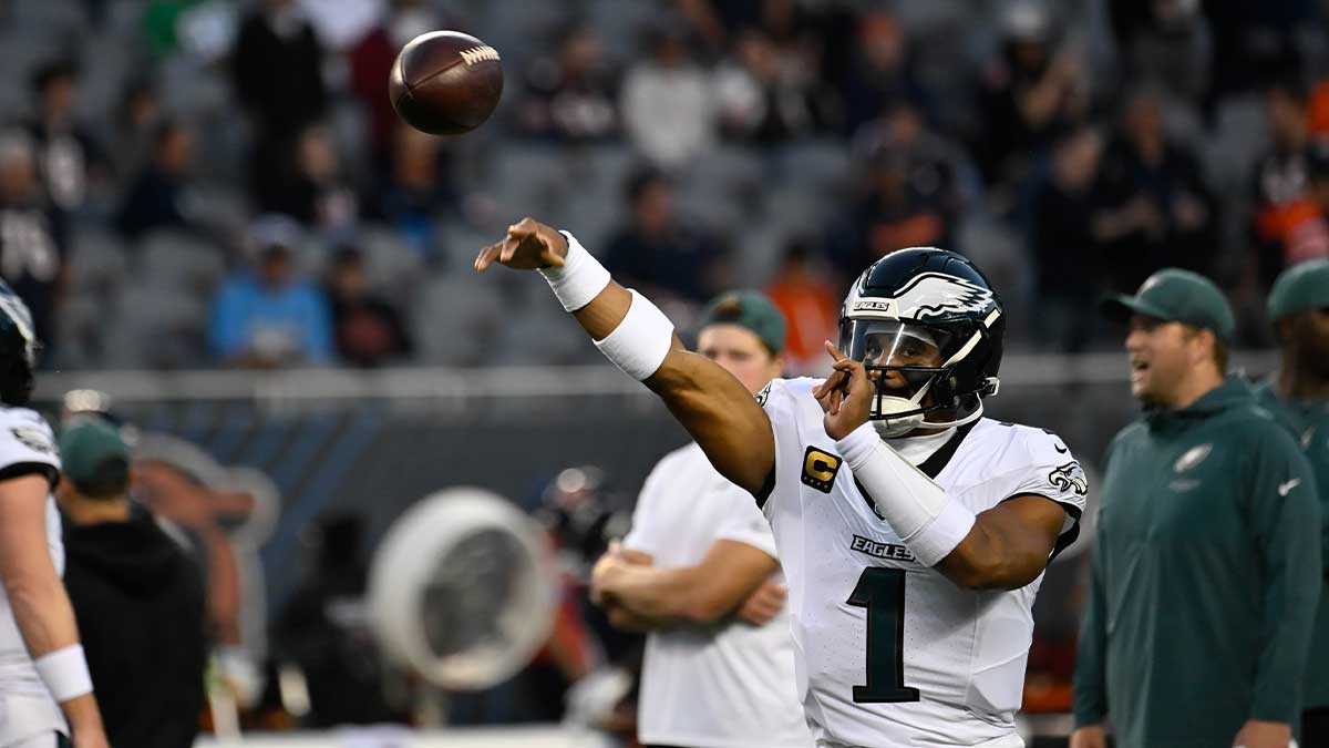 Philadelphia Eagles quarterback Jalen Hurts (1) during warmups before the game against the Chicago Bears at Soldier Field.