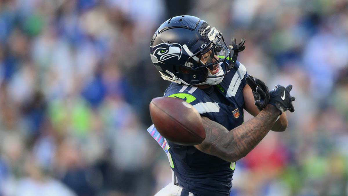 Oct 11, 2026; Seattle, Washington, USA; Seattle Seahawks wide receiver Jaxon Smith-Njigba (11) cannot catch a pass thrown by quarterback Sam Darnold (not pictured) against the San Francisco 49ers during the fourth quarter at Lumen Field.