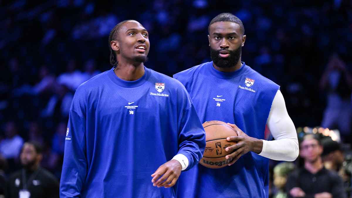 Philadelphia 76ers guards Tyrese Maxey (0) and Jaylen Brown (7) before a game against the Brooklyn Nets at Barclays Center.