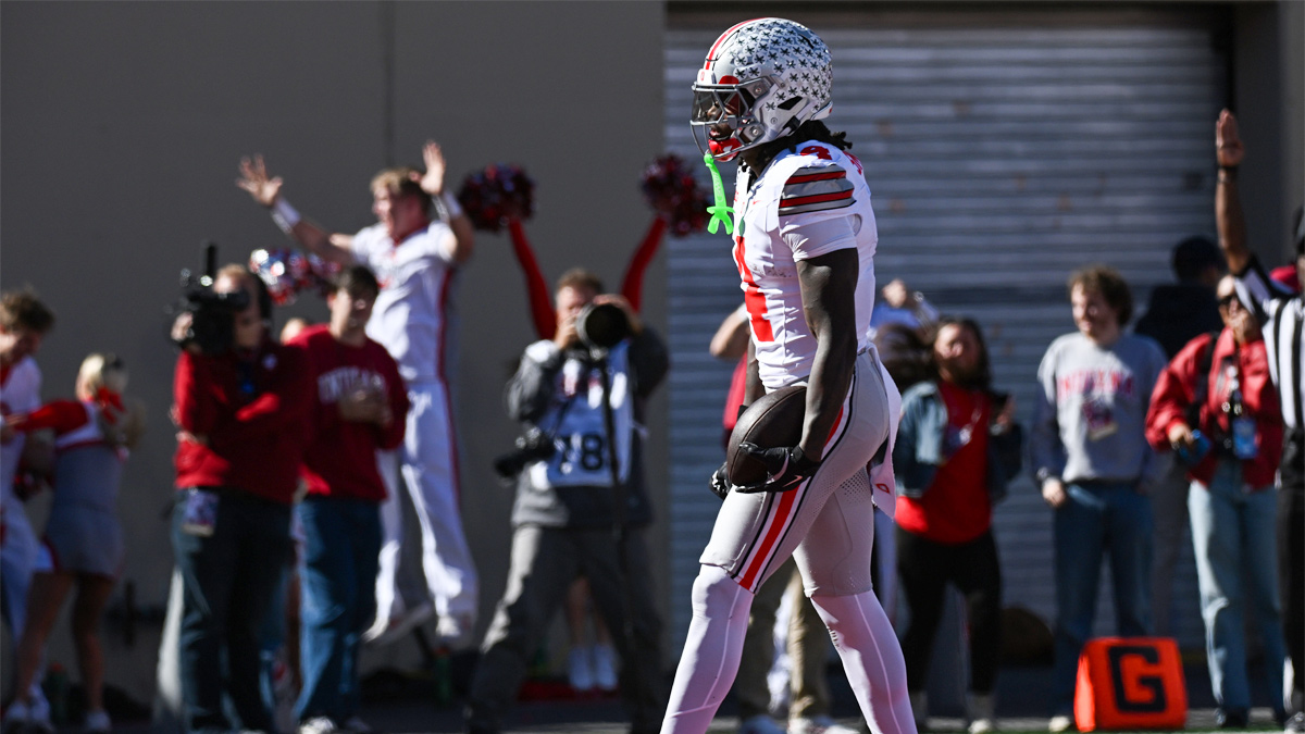 Ohio State Buckeyes wide receiver Jeremiah Smith (4) celebrates after a touchdown reception against the Indiana Hoosiers during the second half at Merchants Bank Field at Memorial Stadium.