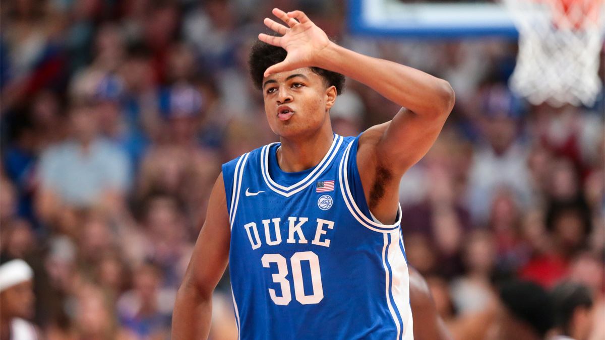 Duke Blue Devils center Joaquim Boumtje Boumtje (30) reacts after making a three against Kansas Jayhawks during the exhibition game inside Allen Fieldhouse in Lawrence, Kansas on Oct. 25, 2026.
