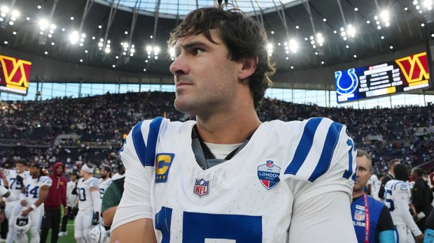 Indianapolis Colts quarterback Daniel Jones (17) reacts after the game against the Washington Commanders at Tottenham Hotspur Stadium.