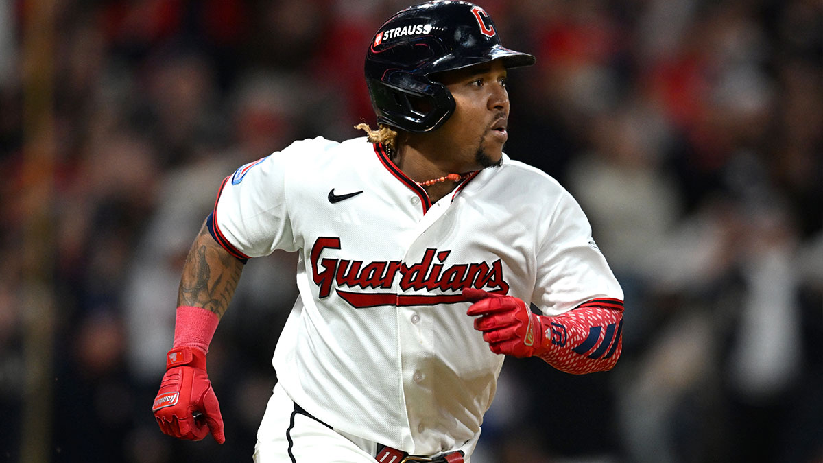 Cleveland Guardians third baseman Jose Ramirez (11) runs the bases after hitting a single against the Tampa Bay Rays during the sixth inning in game five of the ALCS for the 2026 MLB Playoffs at Progressive Field.