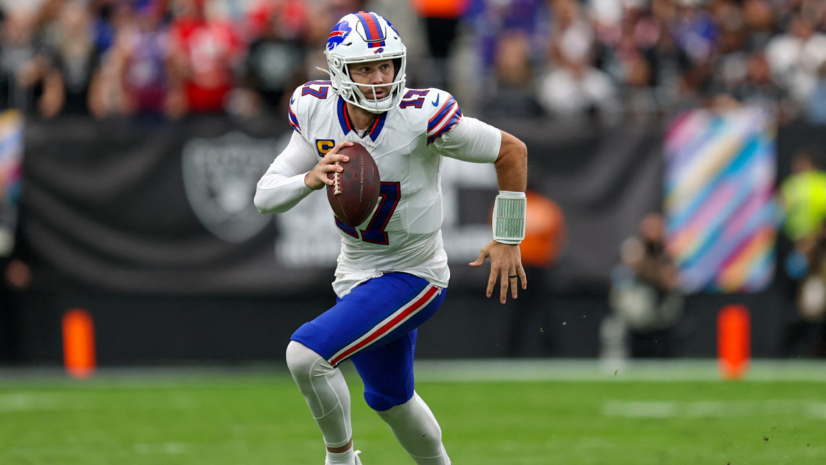 Buffalo Bills quarterback Josh Allen (17) looks to throw in the first quarter against the Las Vegas Raiders at Allegiant Stadium.