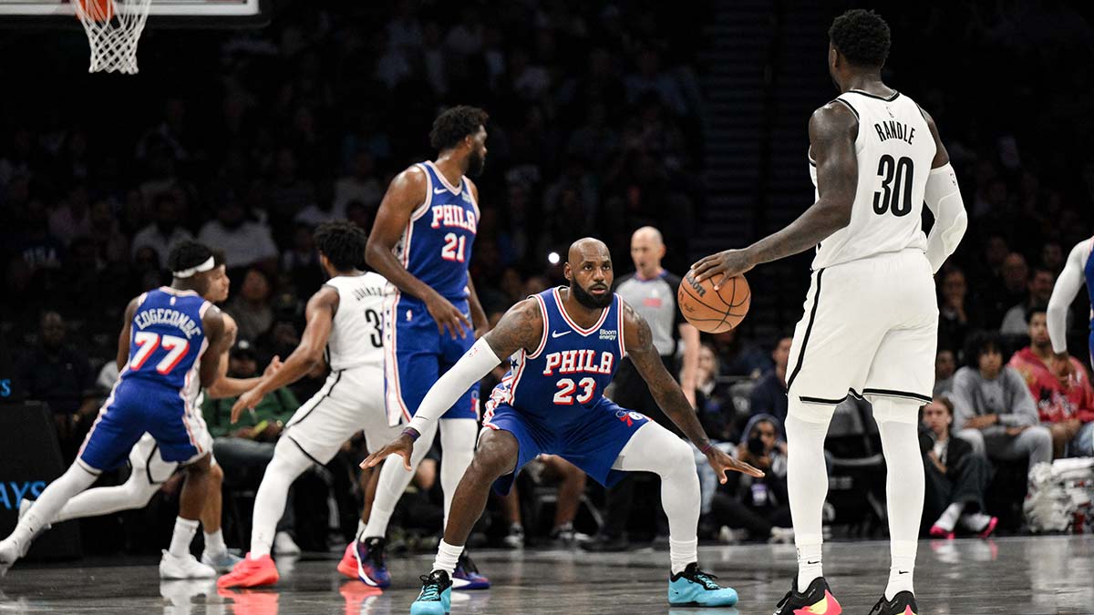 Philadelphia 76ers forward Lebron James (23) defends Brooklyn Nets forward Julius Randle (30) during the first half at Barclays Center.