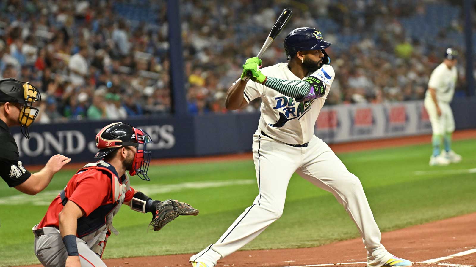 Tampa Bay Rays third baseman Junior Caminero (13) bats in the first inning against the Boston Red Sox at Tropicana Field.
