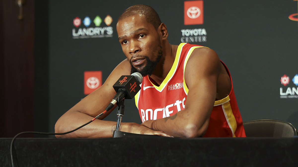 Houston Rockets forward Kevin Durant (7) is interviewed during media day at Hilton Americas hotel.